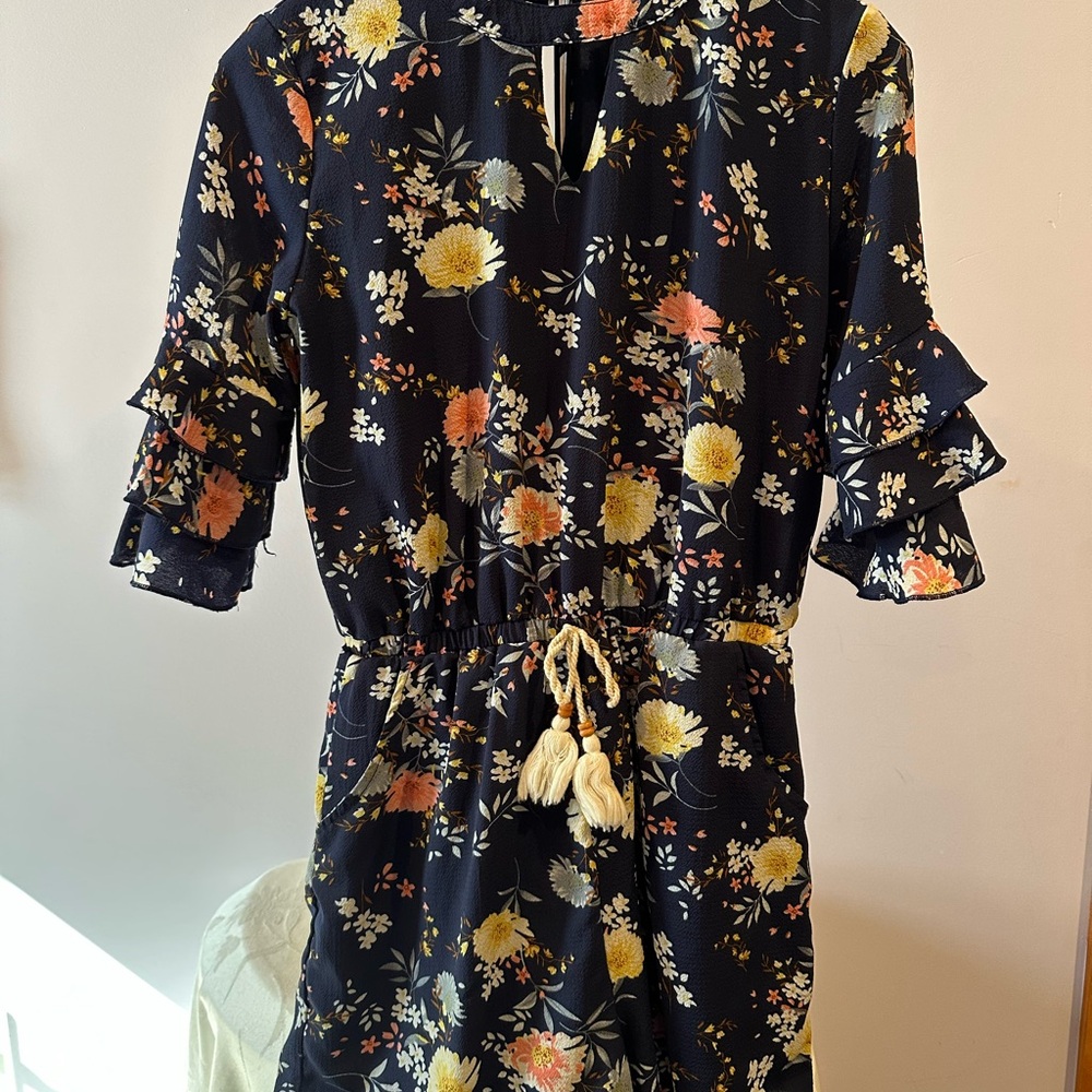 Big Girls Tween Navy Floral Printed Tier Ruffle Sleeves Romper
